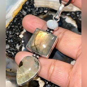 Crystal Pairing of Prehnite, Labradorite & Moonstone Pendant 2 7/8”